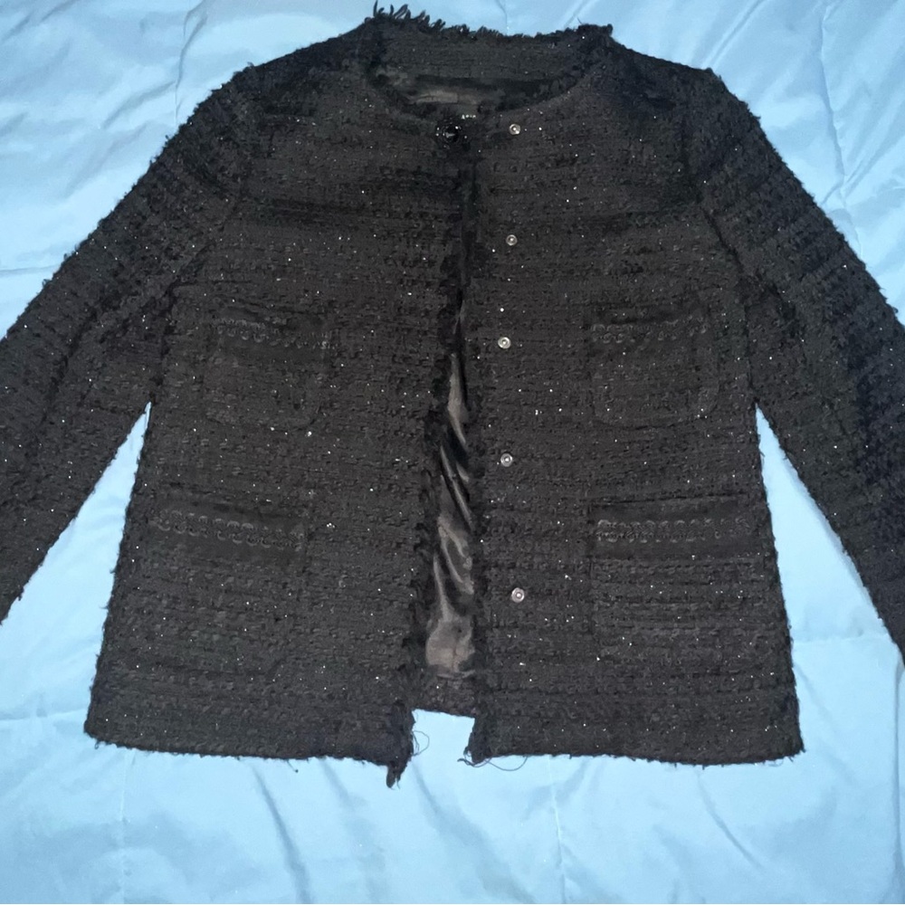 Zara Black Fringe-Trim Tweed Jacket